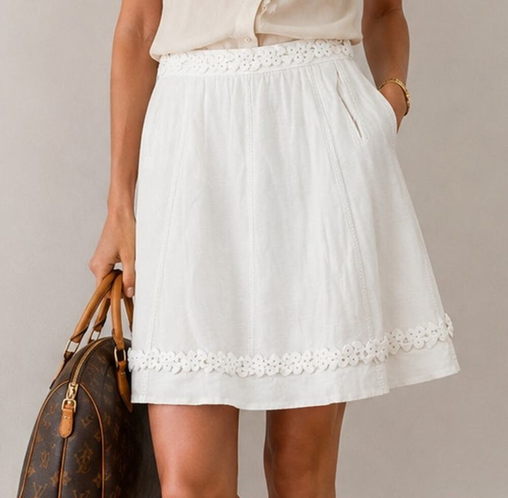 Louis Vuitton Paris White Cotton Embellished Skirt 36 France Silk Lined Rosettes